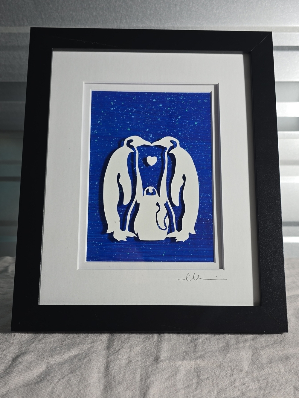 Framed Blue And White Penguin Family Art
